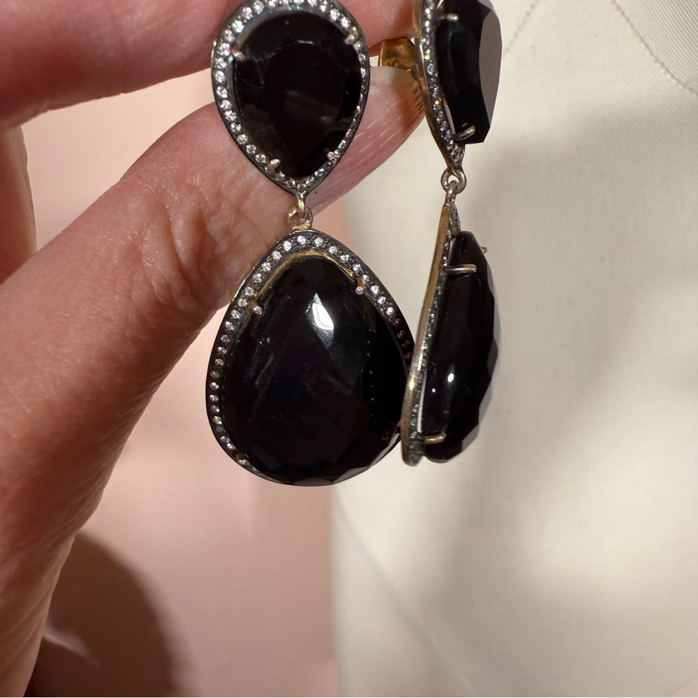 Sterling silver pear shape Black glass topaz halo oversized dangle earrings - Picture 13 of 15